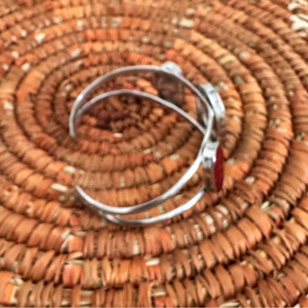Native Bracelet with 3 Stones of Turquoise and Red Coral Sterling Silver Cuff - Picture 9 of 11
